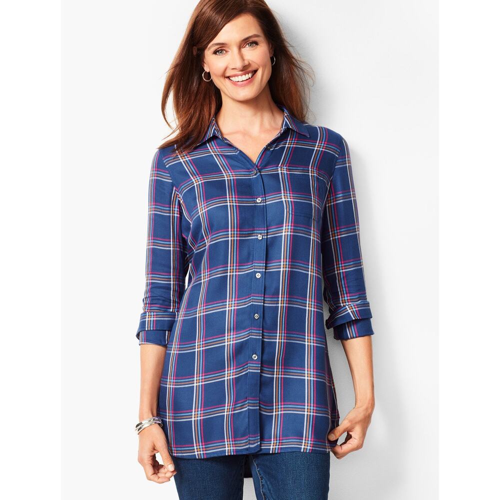 Talbots Perfect Shirt Petite 2XP Buckingham Plaid Long Sleeve Button Front Blue